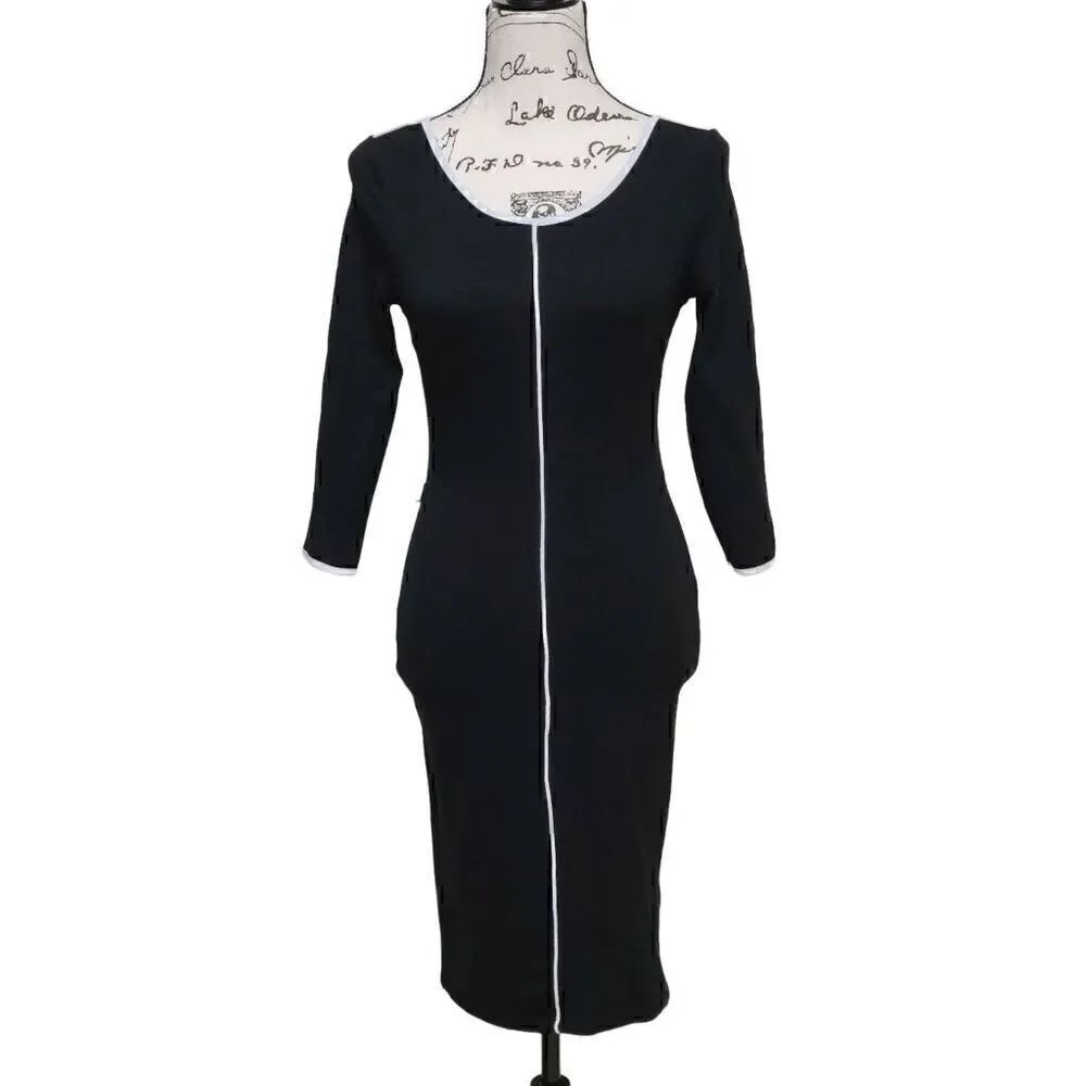 VENUS Black Contrast Trim 3/4 Sleeve Round Neck Keyhole Back Shift Dress Size XS